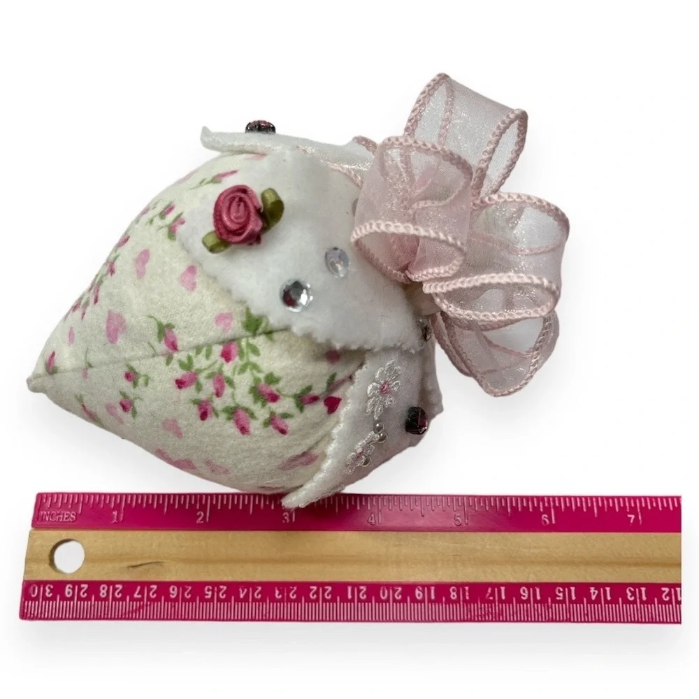 Handmade‎ Strawberry Pin Cushion Floral Rose Bud and Ribbons Pink Survivor Print